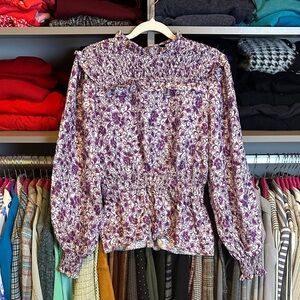 Christy Lynn white/purple floral long sleeve elastic waist v back blouse size S